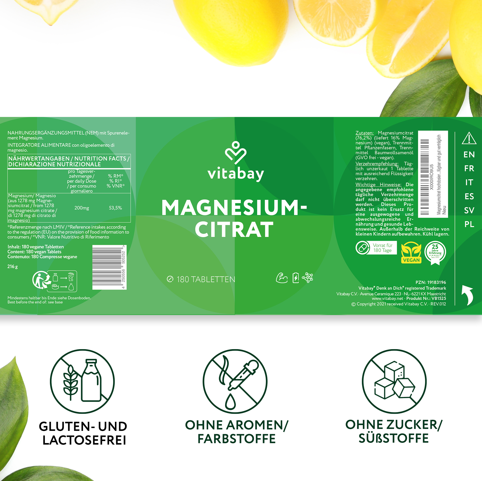 Magnesium Citrat 200mg - 180 vegane Tabletten