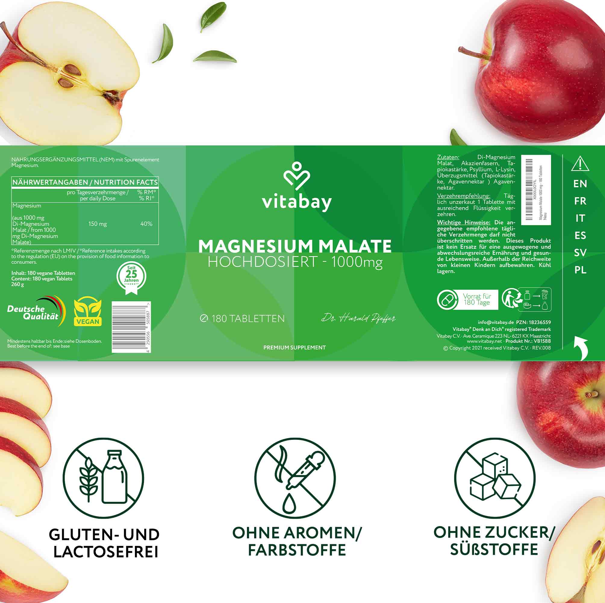 Magnesium Malat 1000mg - 180 vegane Tabletten