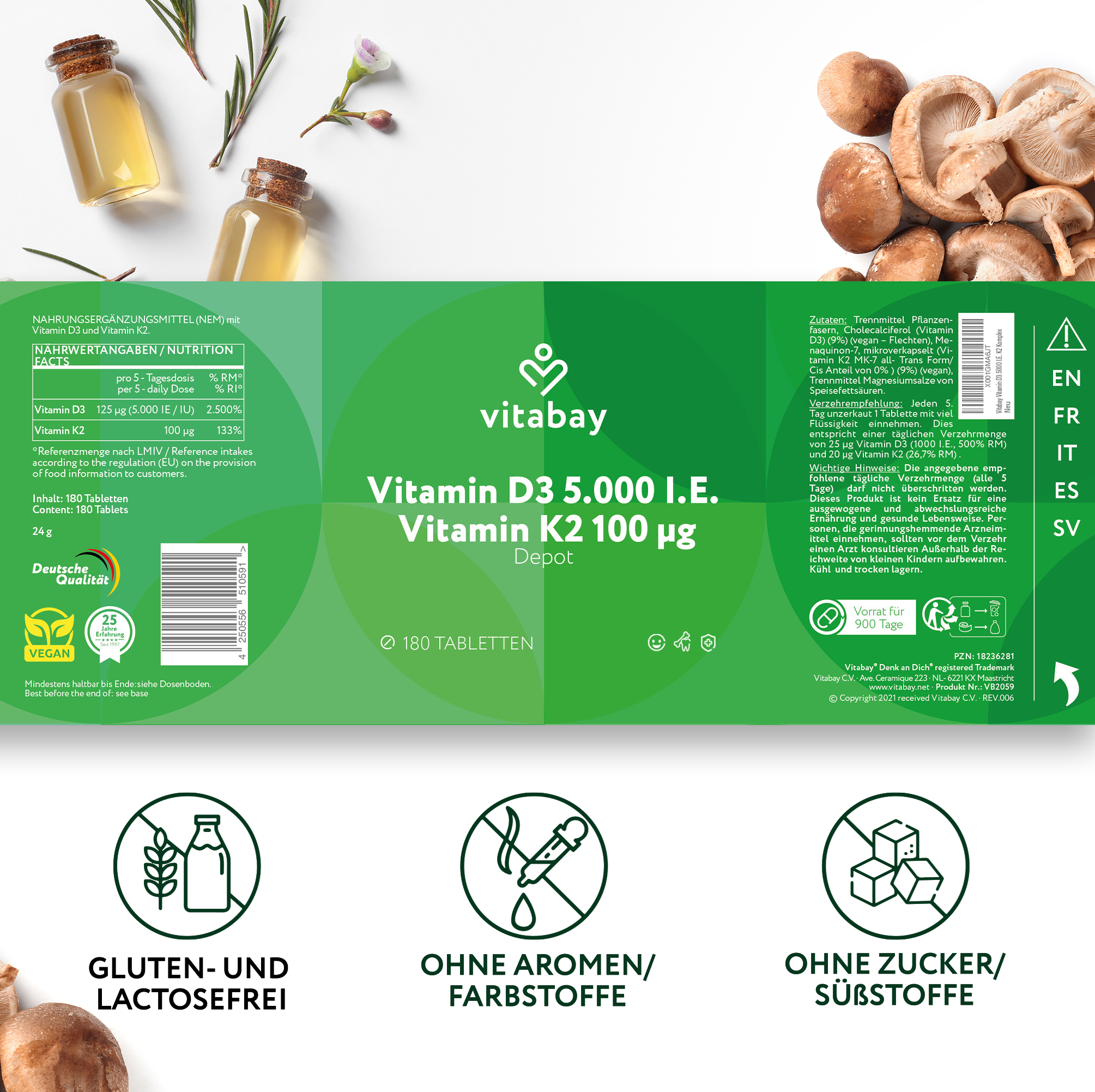 Vitamin D3 Depot 5000 IE + Vitamin K2 100mcg  - 180 vegane Tabletten