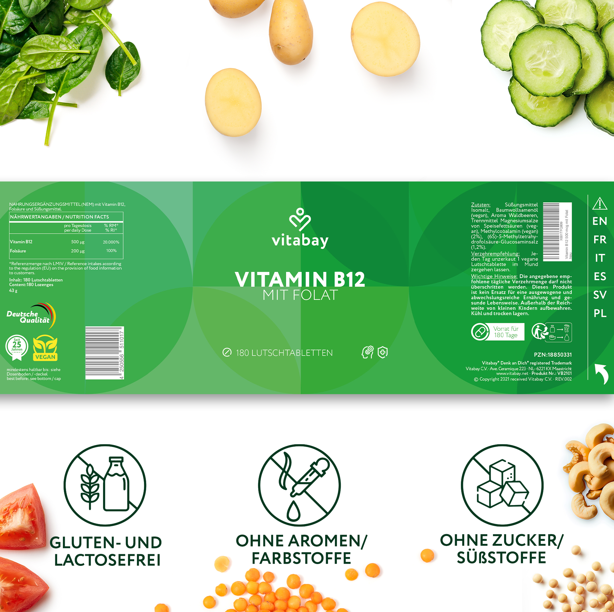 Vitamin B12 500 µg + Folat – Hochdosierte Energie für Ihren Körper (180 vegane Lutschtabletten)