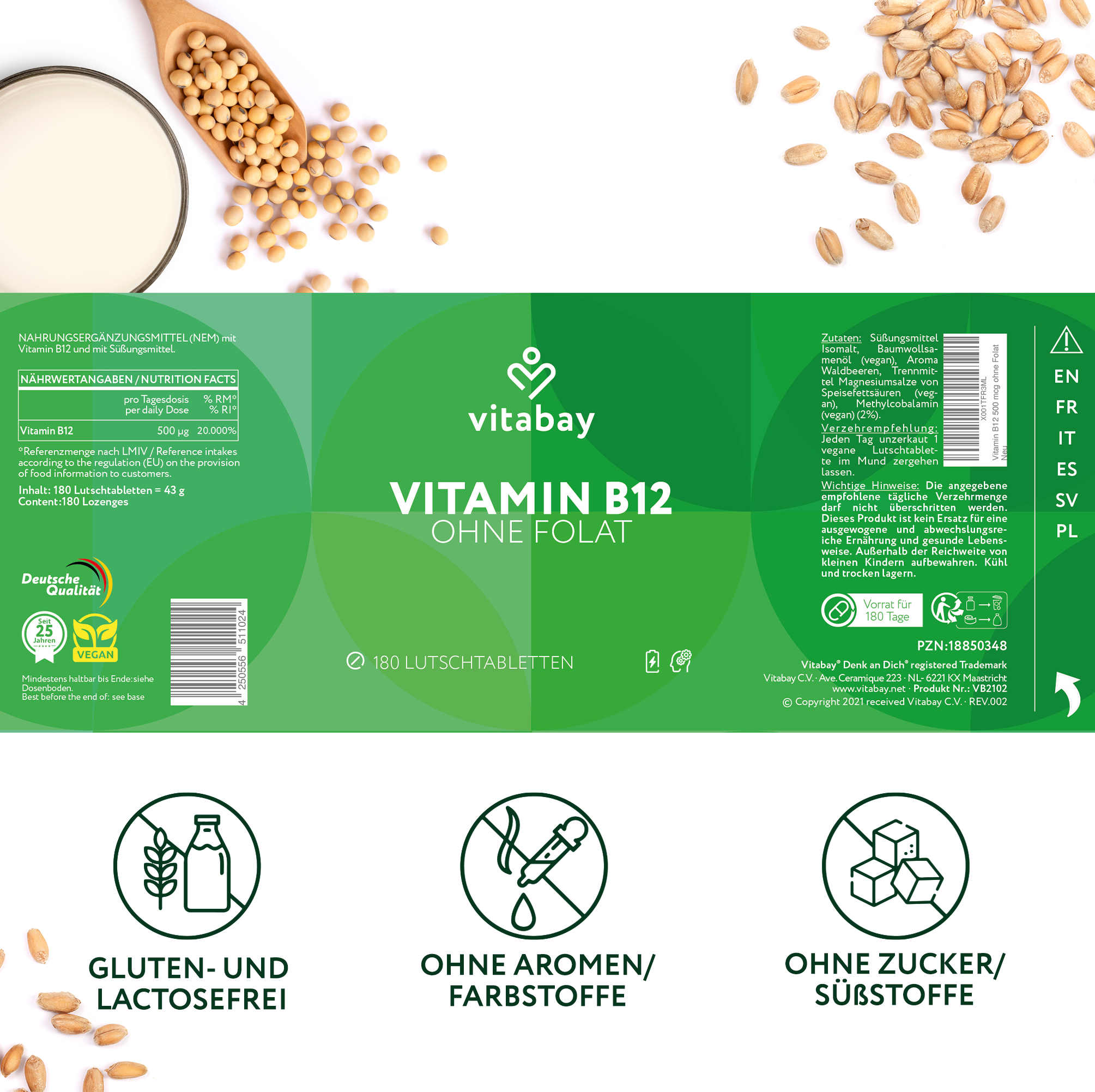 Vitamin B12 ohne Folat - 180 vegane Lutschtabletten