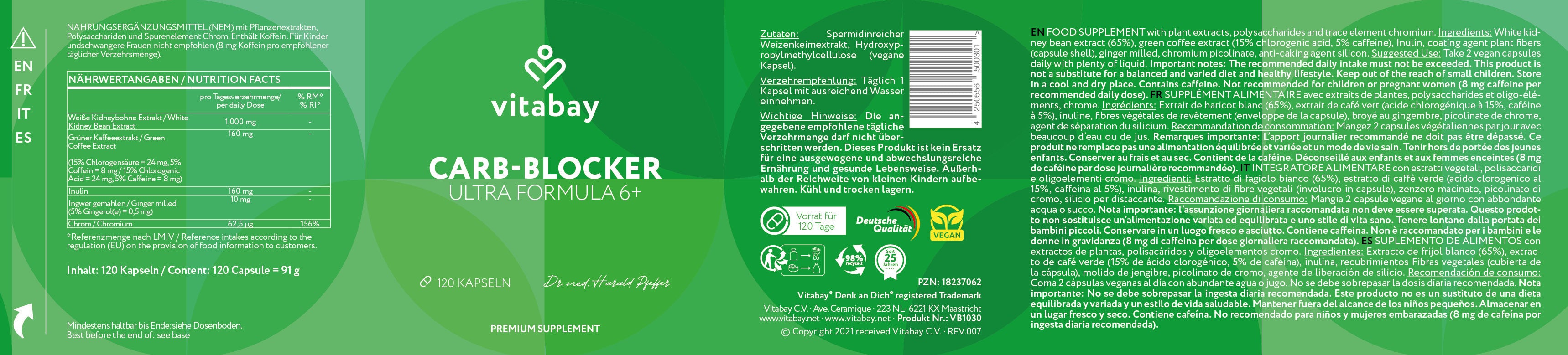 CARB-BLOCKER 4-in-1 Kohlenhydratblocker & Fettlöser - 120 Kapseln