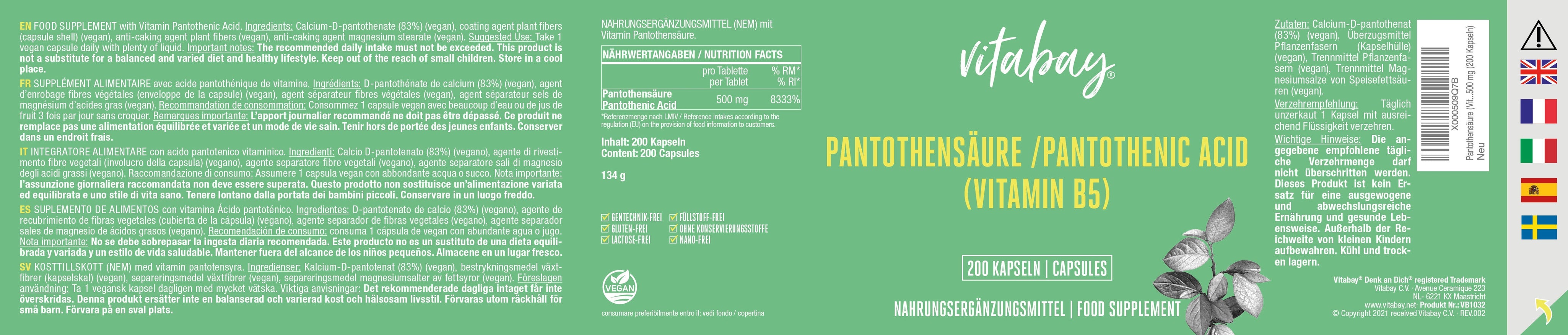 Pantothensäure (Vitamin B5) Magensaftresistent  - 500 mg