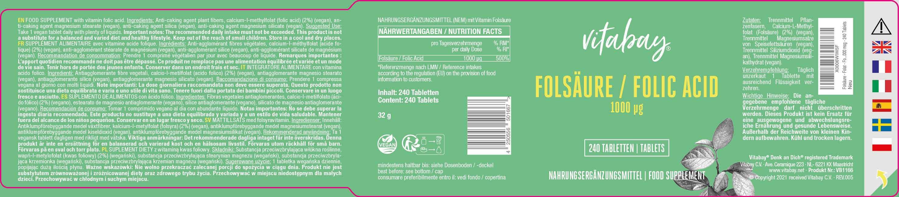 Folsäure - Folic Acid - 1000 mcg - 240 vegane Tabletten