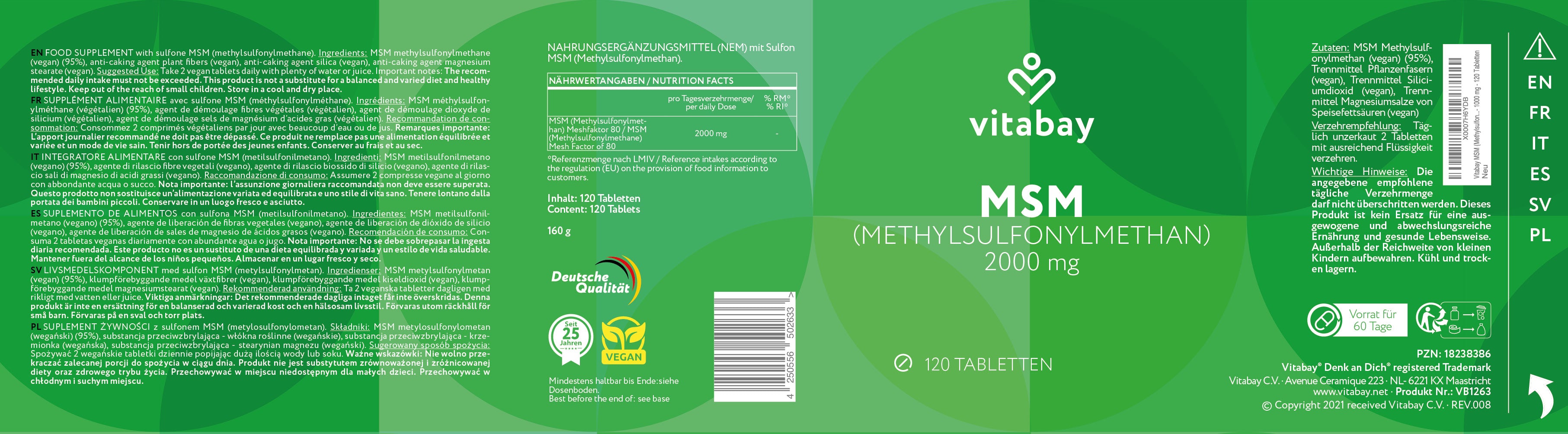 MSM (Methylsulfonylmethan) 1000 mg -  Vegane Tabletten