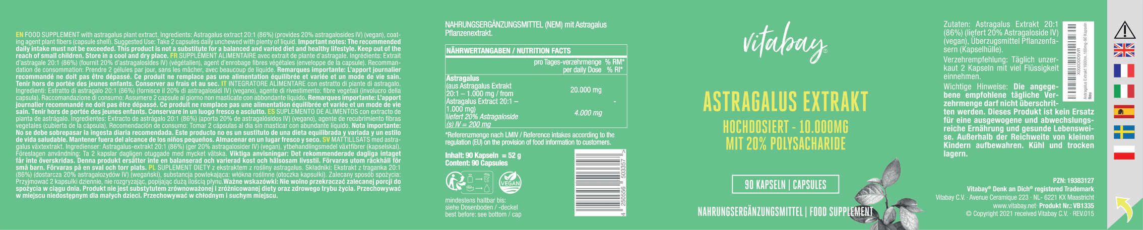 Astragalus Extrakt - 10.000 mg - 90 vegane Kapseln