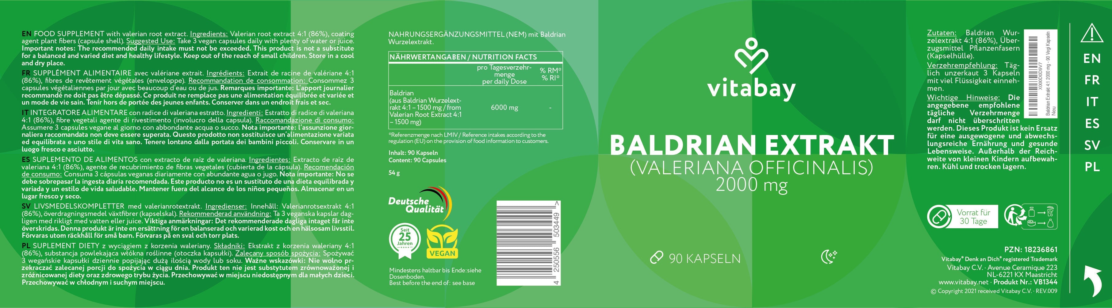 Baldrian Extrakt 2000 mg - 90 vegane Kapseln