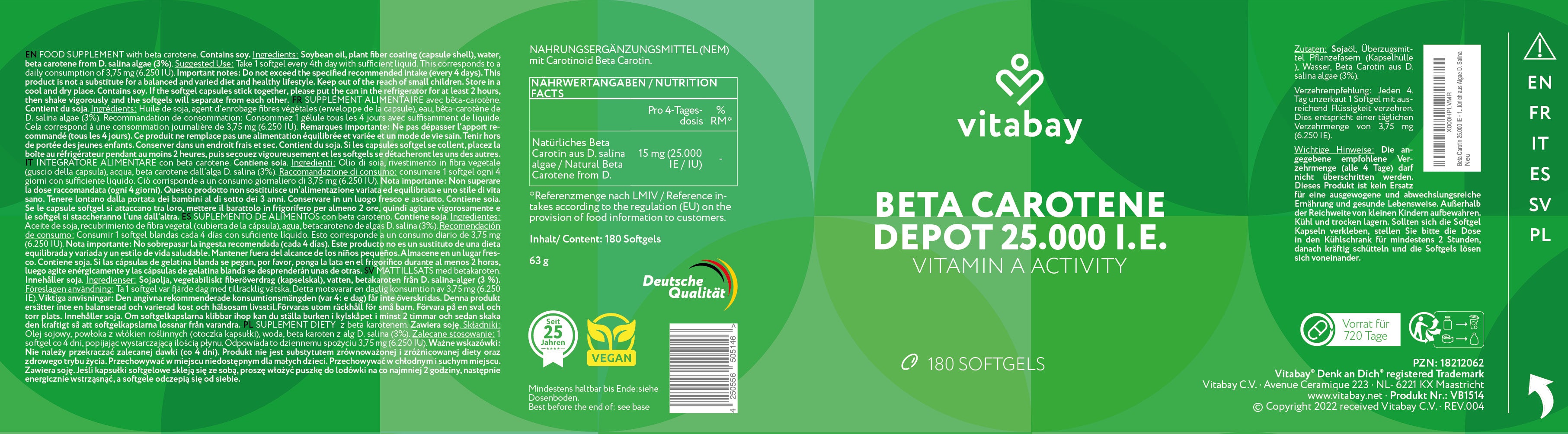 Beta Carotin 25.000 I.E. Depot - 180 vegane Softgels