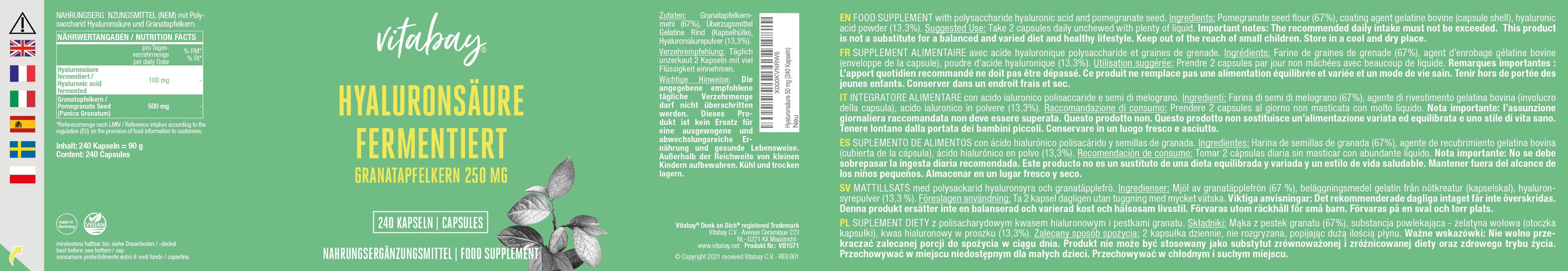 Hyaluronsäure fermentiert mit Granatapfelkern 250 mg - 240 Kapseln