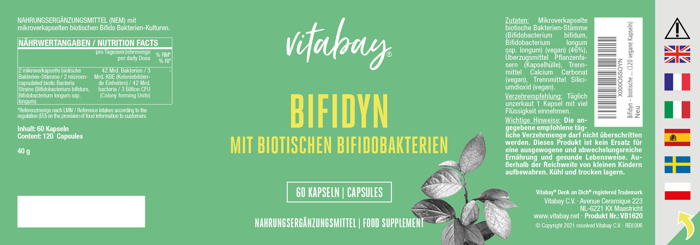 Bifidyn – biotische Bifidobakterien – 42 Milliarden aktive Bakterienkulturen pro Kapsel - Vegane Kapseln