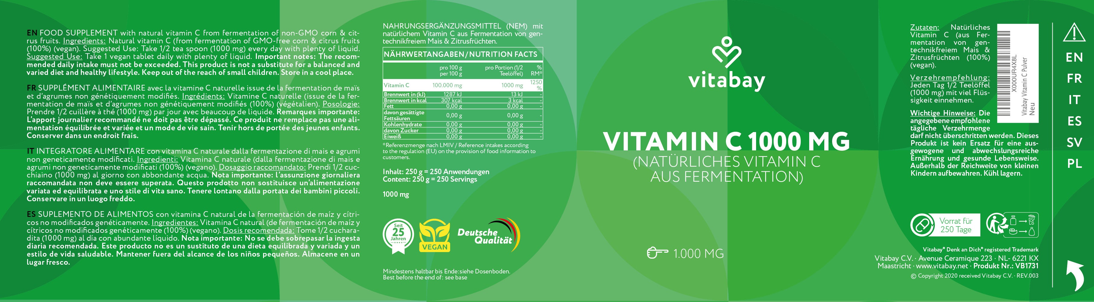 Vitamin C  1000 mg -  250 g veganes Pulver