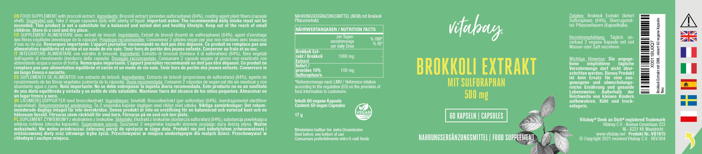 Brokkoli Extrakt mit Sulforaphan 500 mg - Vegane Kapseln