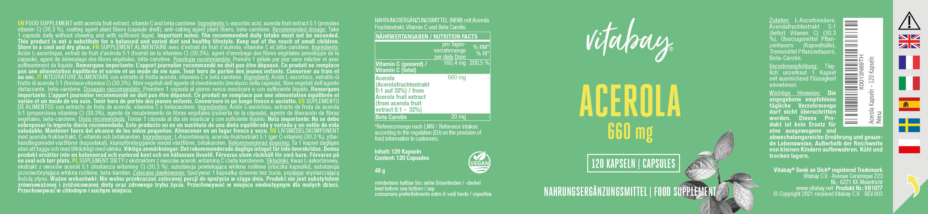 Acerola Kapseln - Natürliches Vitamin C aus der Acerola Kirsche, 120 Kapseln
