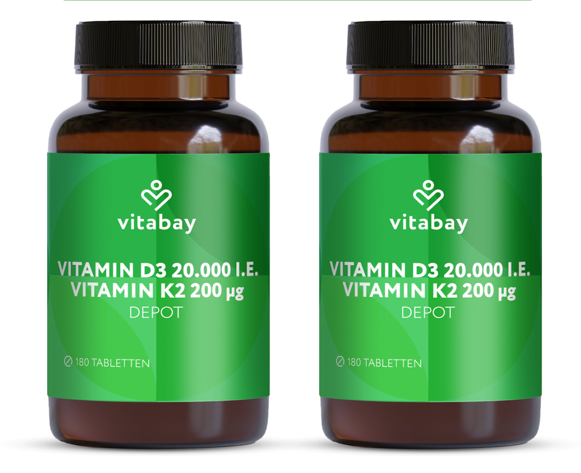 Vitamin D3 20.000 I.E. + K2 200 µg - 180 vegane Tabletten