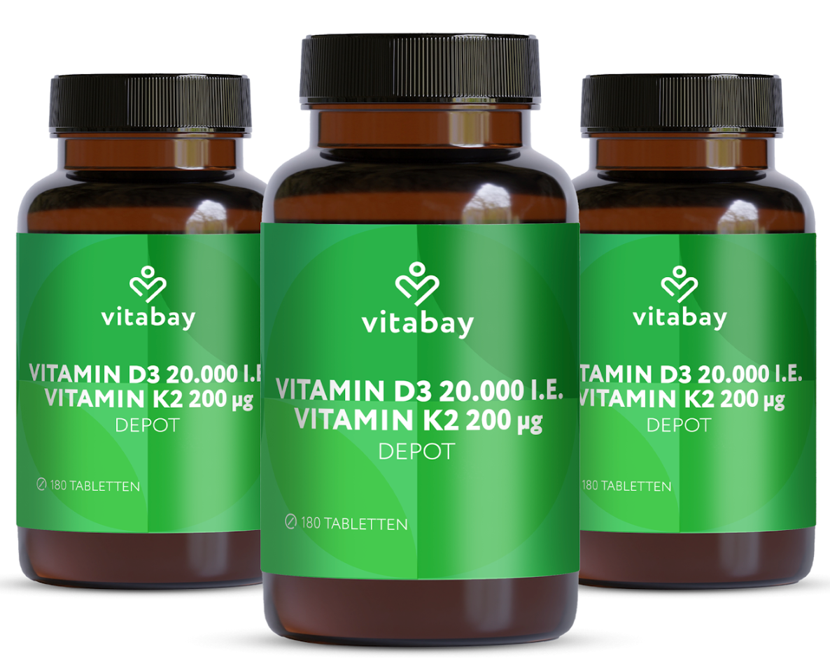 Vitamin D3 20.000 I.E. + K2 200 µg - 180 vegane Tabletten