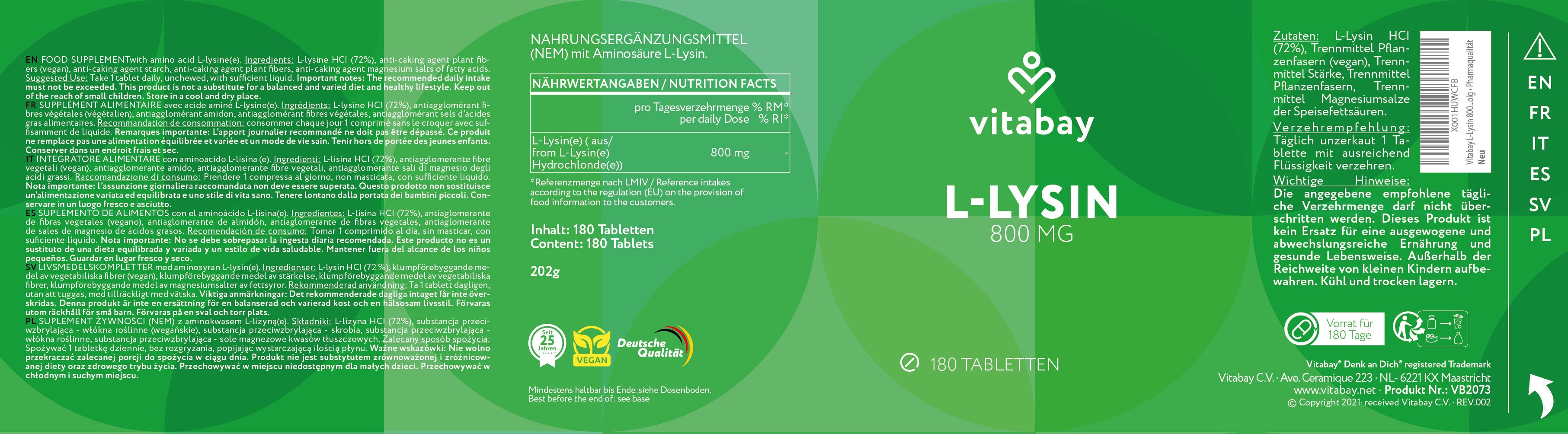 L-Lysin 800mg - Vegane Tabletten