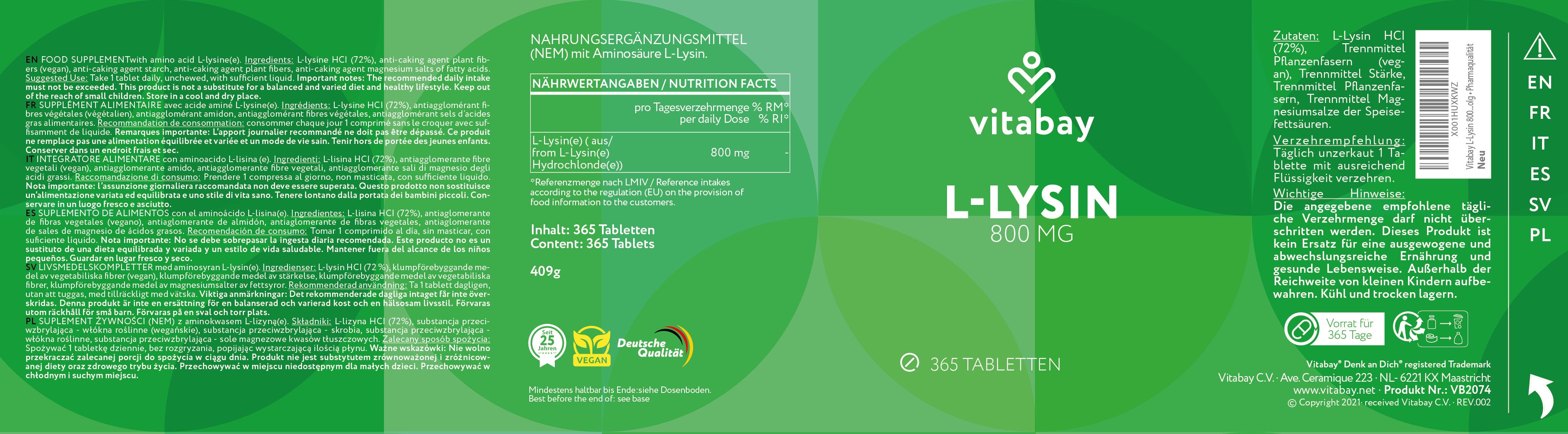 L-Lysin 800mg - Vegane Tabletten