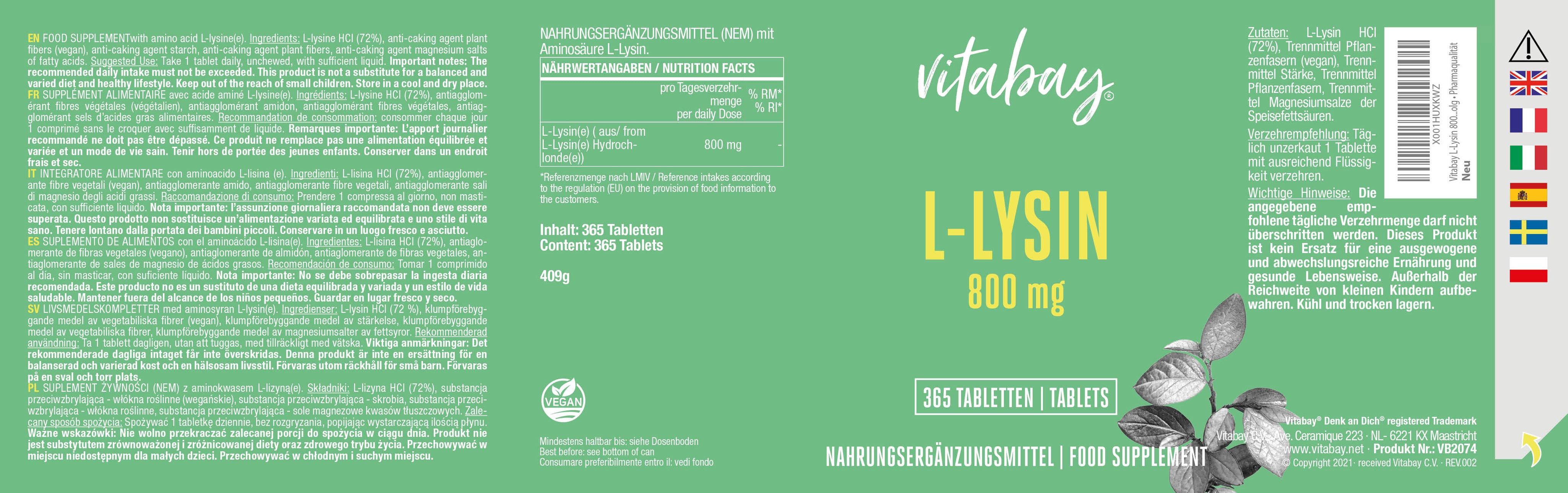 L-Lysin 800mg - Vegane Tabletten