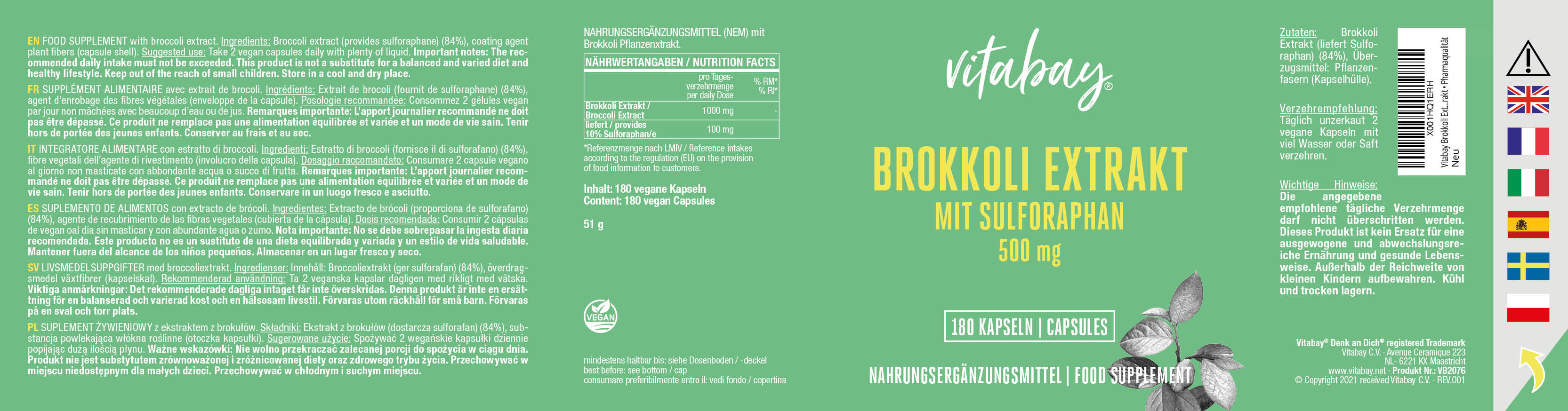 Brokkoli Extrakt mit Sulforaphan 500 mg - Vegane Kapseln