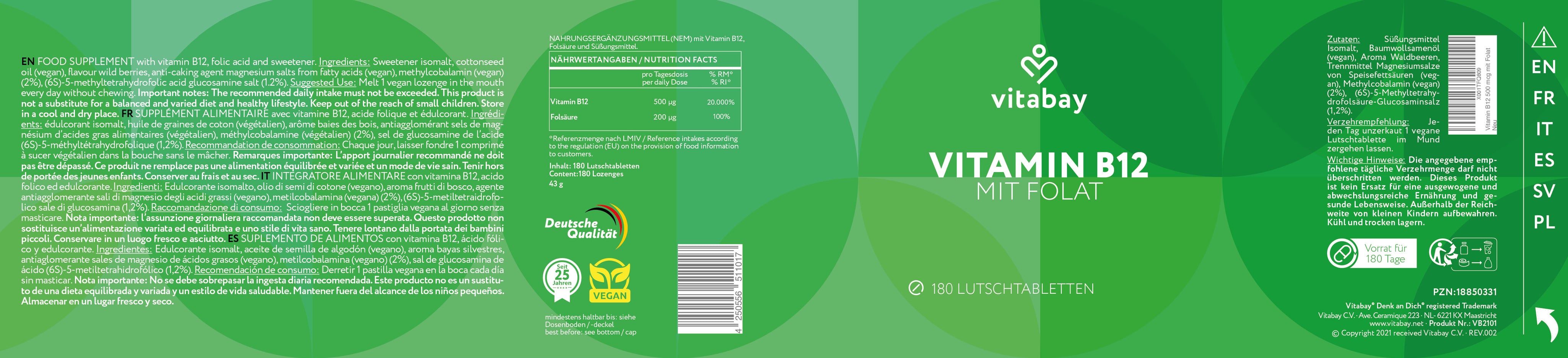 Vitamin B12 500 µg + Folat – Hochdosierte Energie für Ihren Körper (180 vegane Lutschtabletten) (Copy)