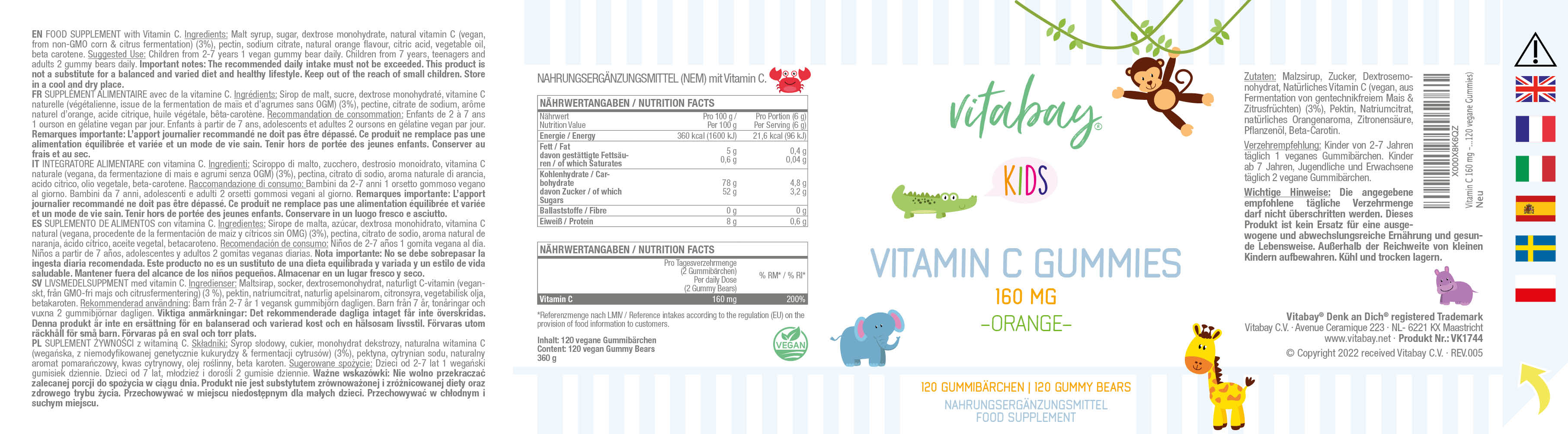 Vitamin C 160 mg - 120 Vegane Gummibärchen für Kinder