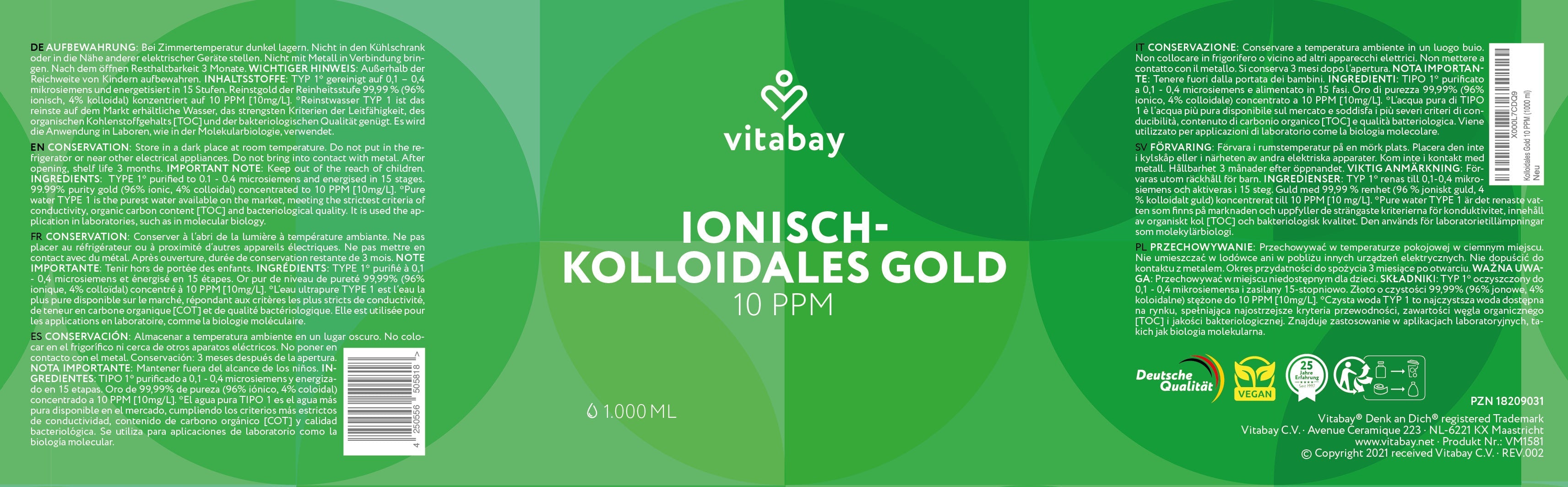 Kolloidales Gold 10 PPM - Reinheitsstufe 99,99%