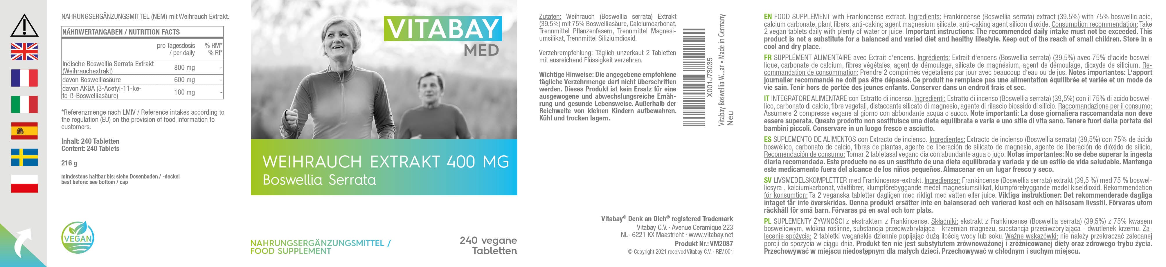 Boswellia Weihrauch Extrakt - 400 mg - Vegane Tabletten