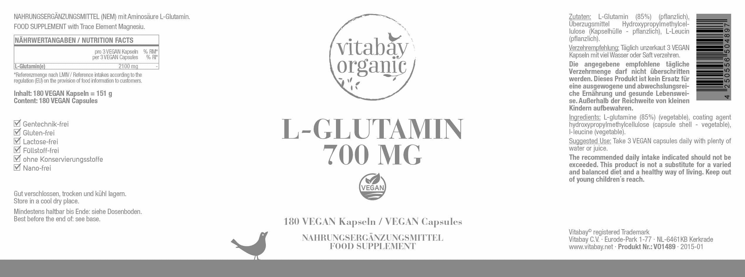 L-Glutamin 700 mg - 180 vegane Kapseln